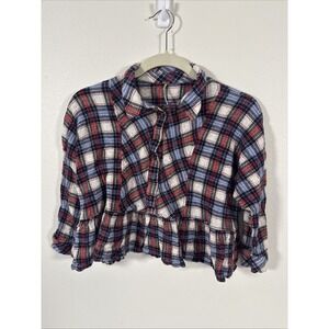 FREE PEOPLE Cropped Ruffle Bottom 3/4 Sleeve Small Plaid Button Front P1